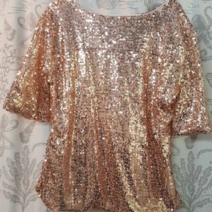 SOLD*Sequins Decorated Skew Neck Rose Pink T-Shirt